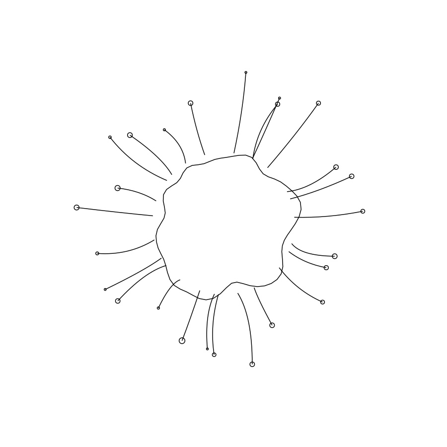 Abstract biological forms with technical line work, illustrated in monochrome.